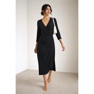 Bryn Walker Faux Wrap Dress Womens Large Black Lagenlook Midi 3/4 Sleeve Jersey